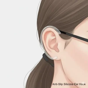 Transparent silicone ear hooks used as an anti slip for eyeglasses solution, securing them behind the ear.