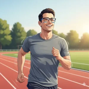Man smiling while jogging, securely wearing his non slip glasses that stay in place during exercise.