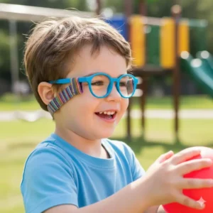 Adjustable elastic strap attached to children's glasses, ensuring their non slip eyeglasses stay in place during play.