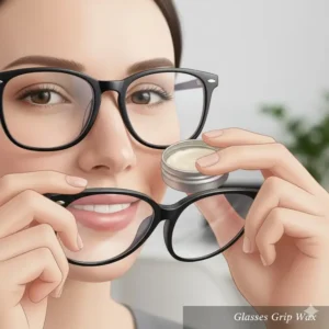 A person applying glasses grip wax, a temporary anti slip for eyeglasses solution, to the bridge of a frame.