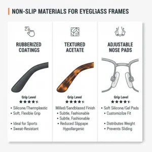 Comparison chart showing different materials used for non slip glasses frames, like rubber or textured acetate.