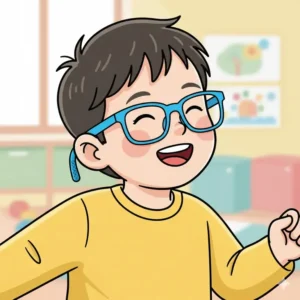 Happy child wearing durable, flexible, and non slip glasses that resist breaking.