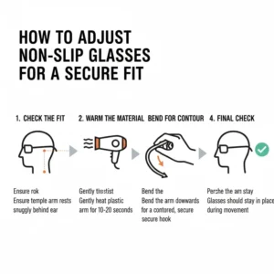 Diagram illustrating how to properly adjust the temples of non slip glasses for a comfortable and secure fit.