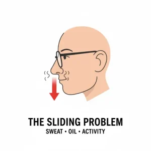 Simple graphic illustrating the common problem of eyeglasses sliding and the need for an anti slip for eyeglasses product.