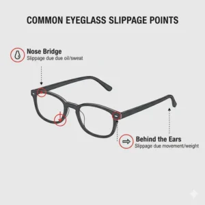 Diagram illustrating the key contact points (nose and ears) where glasses commonly slip and how non-slip accessories address them.