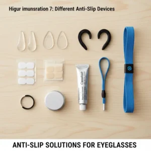 A collection of various anti slip for eyeglasses products, including grips, pads, and straps, displayed together.