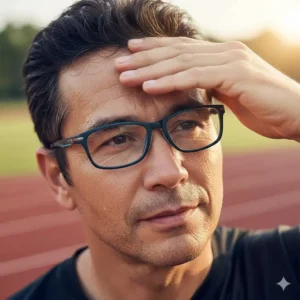 Person wiping sweat from their forehead; their non slip glasses are still securely positioned on their nose.