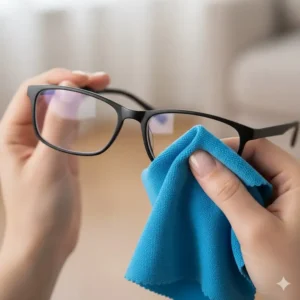 Close-up of hands gently cleaning eyeglasses with a blue microfiber lens cleaner cloth.