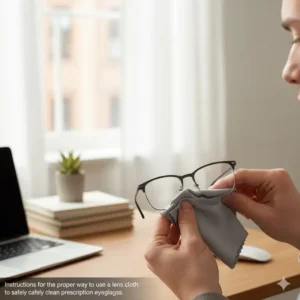 Instructions for the proper way to use a lens cloth to safely clean prescription eyeglasses.