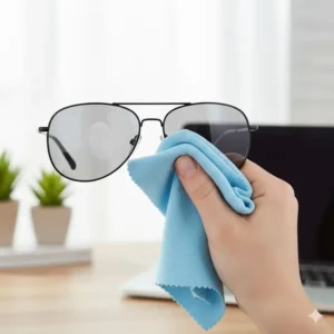 Person gently cleaning sunglasses with a dedicated microfiber eyeglass cleaning cloth, demonstrating proper streak-free use.