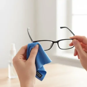 Person gently cleaning their glasses with an eyeglass cloth.