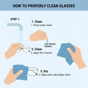Step-by-step illustration demonstrating the proper technique to clean glasses using an eyeglass lens cloth.