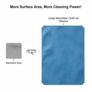 A visual comparison showing the difference between a standard small cloth and a large microfiber cloth for glasses, demonstrating the benefit of extra surface area.