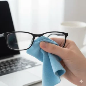 Close-up action shot showing how to properly clean spectacles with a micro fiber cloth for glasses.