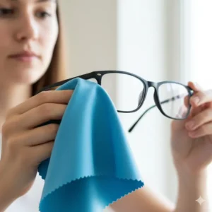 Close-up of a person gently cleaning their prescription spectacles with a blue glasses cloths microfiber.