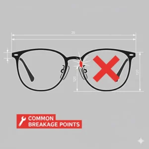 Diagram showing common breakage points for an eyeglasses nose bridge that needs replacement.