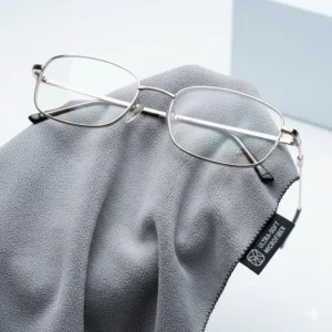 Close-up of a soft microfiber cloth designed for cleaning delicate eyeglasses lenses.