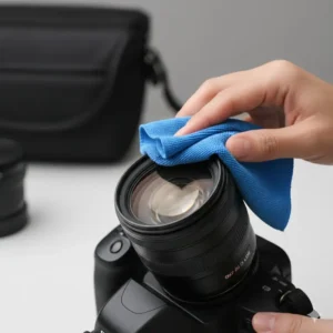 A lens cleaner cloth wiping dust and smudges from a DSLR camera lens.