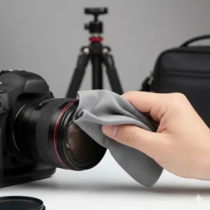 Hand holding the microfiber camera lens cleaning cloth against a DSLR lens element, showing the technique for proper cleaning to avoid scratches.
