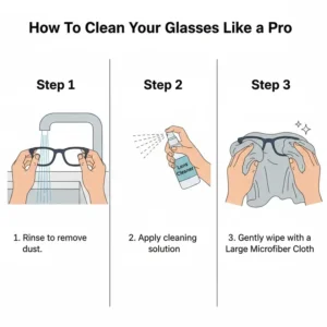 Step-by-step graphic illustrating the best technique for cleaning lenses and frames using a large microfiber cloth for glasses to avoid scratches.