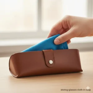 A new eyeglass cleaning cloth being neatly folded and stored inside a protective glasses case to keep it clean.
