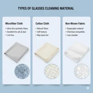 Comparison image showing various glasses cloth material options, including microfiber, cotton, and non-woven fabric.