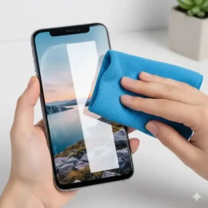 Diagram showing streak-free results when using a dedicated lens cleaner cloth on a smartphone screen.