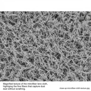 Magnified texture of the microfiber lens cloth, highlighting the fine fibers that capture dust without scratching.