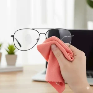 A microfiber eyeglass cleaning cloth removing fingerprints and smudges from a pair of reading glasses, highlighting the cleaning efficiency.