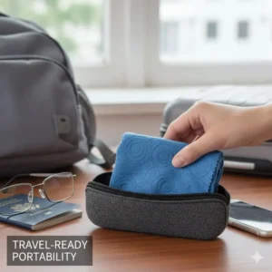 A rolled or folded premium eyeglass lens cloth inside a small, portable storage pouch, emphasizing its convenience for travel.