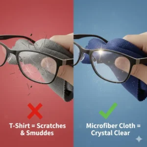 Comparison showing the damage caused by a T-shirt versus the gentle nature of an eyeglass cloth.