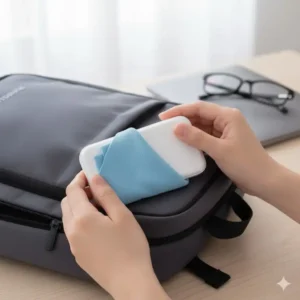 A compact and portable micro fiber cloth for glasses is easily stored in a small case.