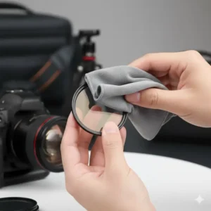 A rectangular microfiber camera lens cleaning cloth being used to clean fingerprints and dirt from a camera UV or polarizing filter.