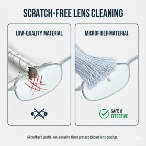 Diagram illustrating the gentle, non-abrasive nature of a high-quality glasses cloth material on a lens surface, preventing scratches.