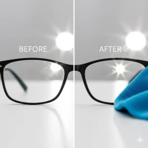 A side-by-side image showing one side of a lens smudged and the other perfectly clear after using the glasses cloths microfiber.