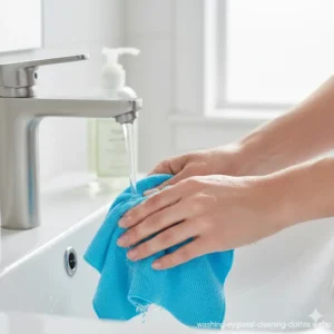 A person hand-washing a reusable eyeglass cleaning cloth with mild soap and cold water to remove built-up oils and dust.