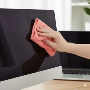 A person using the microfiber eyeglass cleaning cloth to safely clean a computer screen, showing the cloth's versatility beyond eyeglasses.