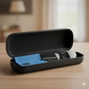 Eyeglass cloth folded neatly inside a hard case alongside a pair of spectacles.