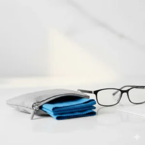 A set of three colorful glasses cloths microfiber stored in a small, portable carrying pouch or travel case.