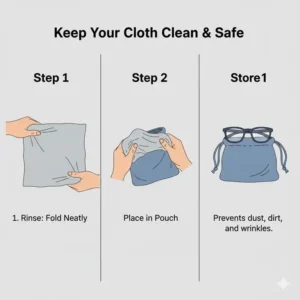 Image showing the proper way to fold and store a large microfiber cloth for glasses in a protective pouch to keep it clean and ready for use.