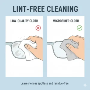 An illustration highlighting the lint-free glasses cloth material and its ability to leave lenses spotless and residue-free.