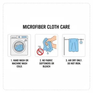Care instructions illustrating the best way to wash and maintain your micro fiber cloth for glasses.