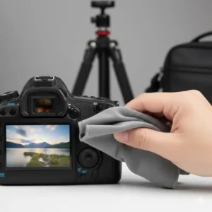 The microfiber camera lens cleaning cloth safely polishing a camera's LCD screen or viewfinder, demonstrating its versatility.