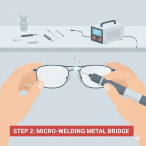 Illustration demonstrating the specialized micro-welding process for metal eyeglasses nose bridge replacement.