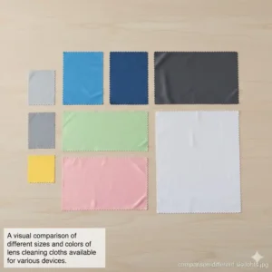 A visual comparison of different sizes and colors of lens cloth options available for various devices.