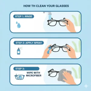 Step-by-step graphic demonstrating the best method for using a glasses cloth material to clean smudges off lenses.