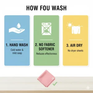 Instructions or image showing the proper way to wash a microfiber eyeglass cleaning cloth to maintain its cleaning effectiveness.