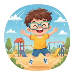 Child smiling and wearing durable, brightly colored non-slip glasses frames for active play.