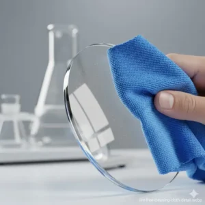 Detailed image showing a lint-free cleaning cloth leaving a perfectly clear surface on a glass lens.