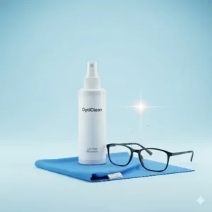 Complete eyeglass cleaning kit including spray and a premium lint-free cloth.